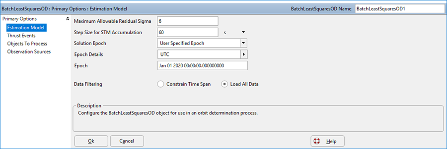 Estimation Model Page for the Batch Least Squares OD Object Editor