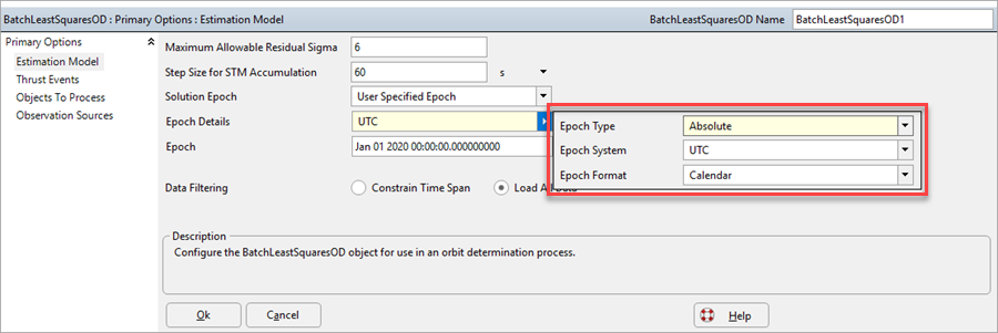 Epoch Details Editor for the Batch Least Squares OD Object Editor