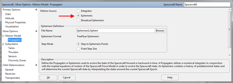 Setting up the Ephemeris File on the Propagator page of the Spacecraft Object Editor.