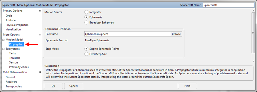 Setting up the Spacecraft Propagator to use Ephemeris.