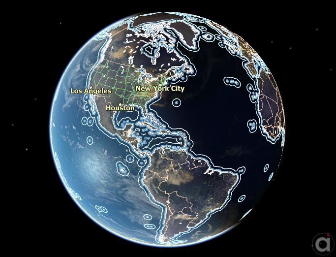Earth globe layers showing coastlines, coastline offsets, and political borders