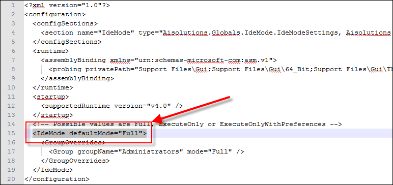 Where to modify the FreeFlyer.exe.config file to change the IDE mode