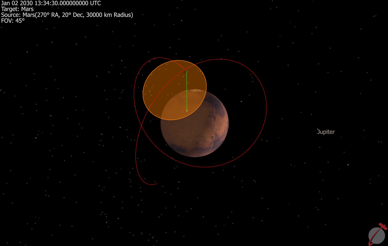 3D view of contact between Mars orbiting Spacecraft and rover on the surface