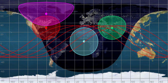 2D Map displaying 4 GroundStations and 1 Spacecraft Ground Track