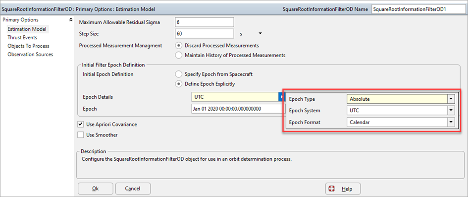 Epoch Details Editor for the SquareRootInformationFilterOD Object Editor