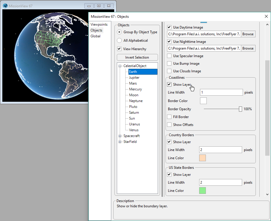 View Output Properties editor showing adjustments that can be made to Globe Layers