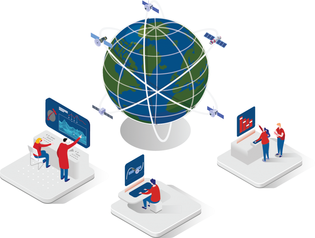 illustration of employees using Meridian Flight Dynamics Ground Systems for satellite mission operations